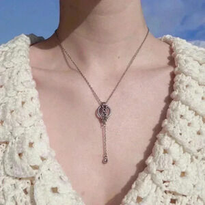 Gothic long silver chainmaille rosary necklace with a small  silver chain